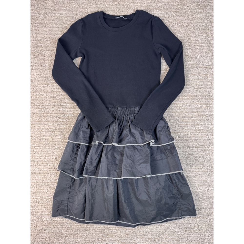 Zara Women Black Mixed Media Tiered Ruffle Skirt Ribbed Knit Long Sleeve Dress S